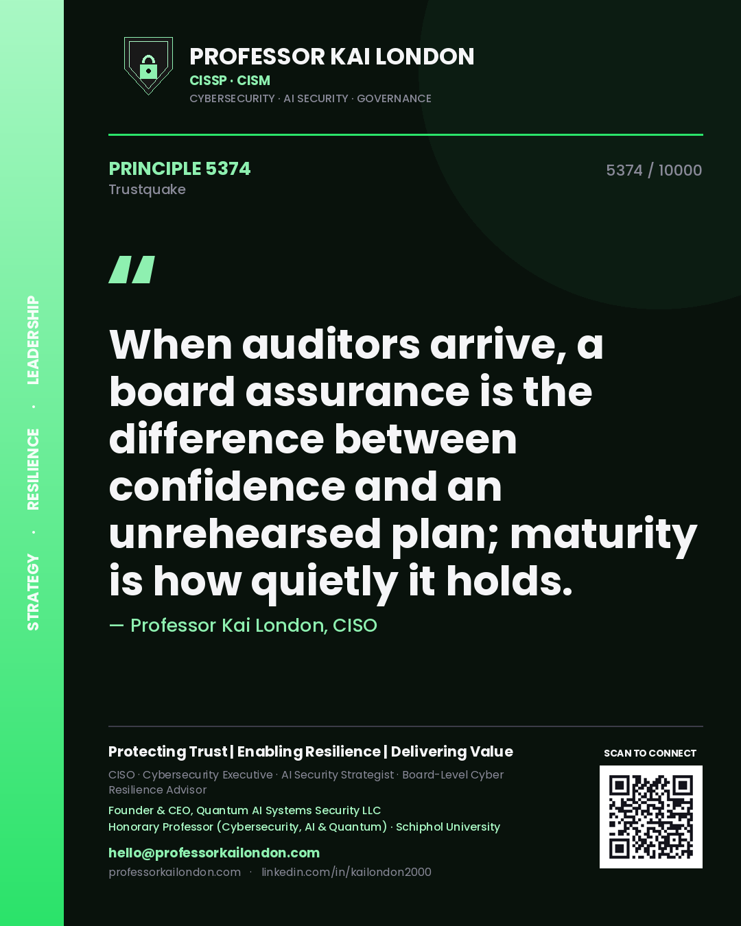 Quote card by Professor Kai London reading 'When auditors arrive, a board assurance is the difference between confidence and an unrehearsed plan; maturity is how quietly it holds.'. From the book Trustquake.