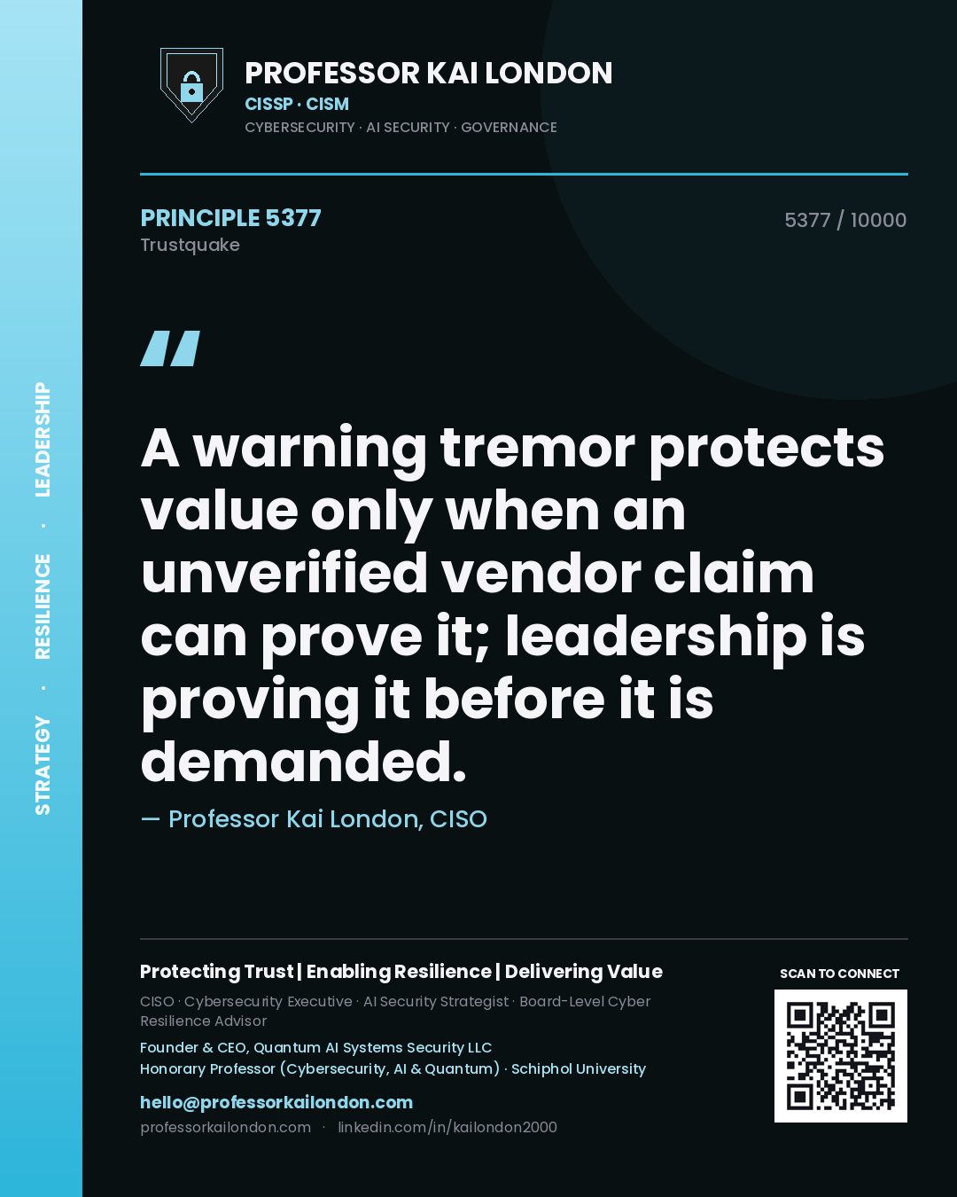 Quote card by Professor Kai London reading 'A warning tremor protects value only when an unverified vendor claim can prove it; leadership is proving it before it is demanded.'. From the book Trustquake.