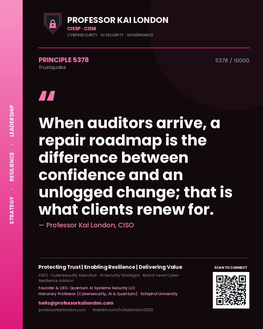 Quote card by Professor Kai London reading 'When auditors arrive, a repair roadmap is the difference between confidence and an unlogged change; that is what clients renew for.'. From the book Trustquake.