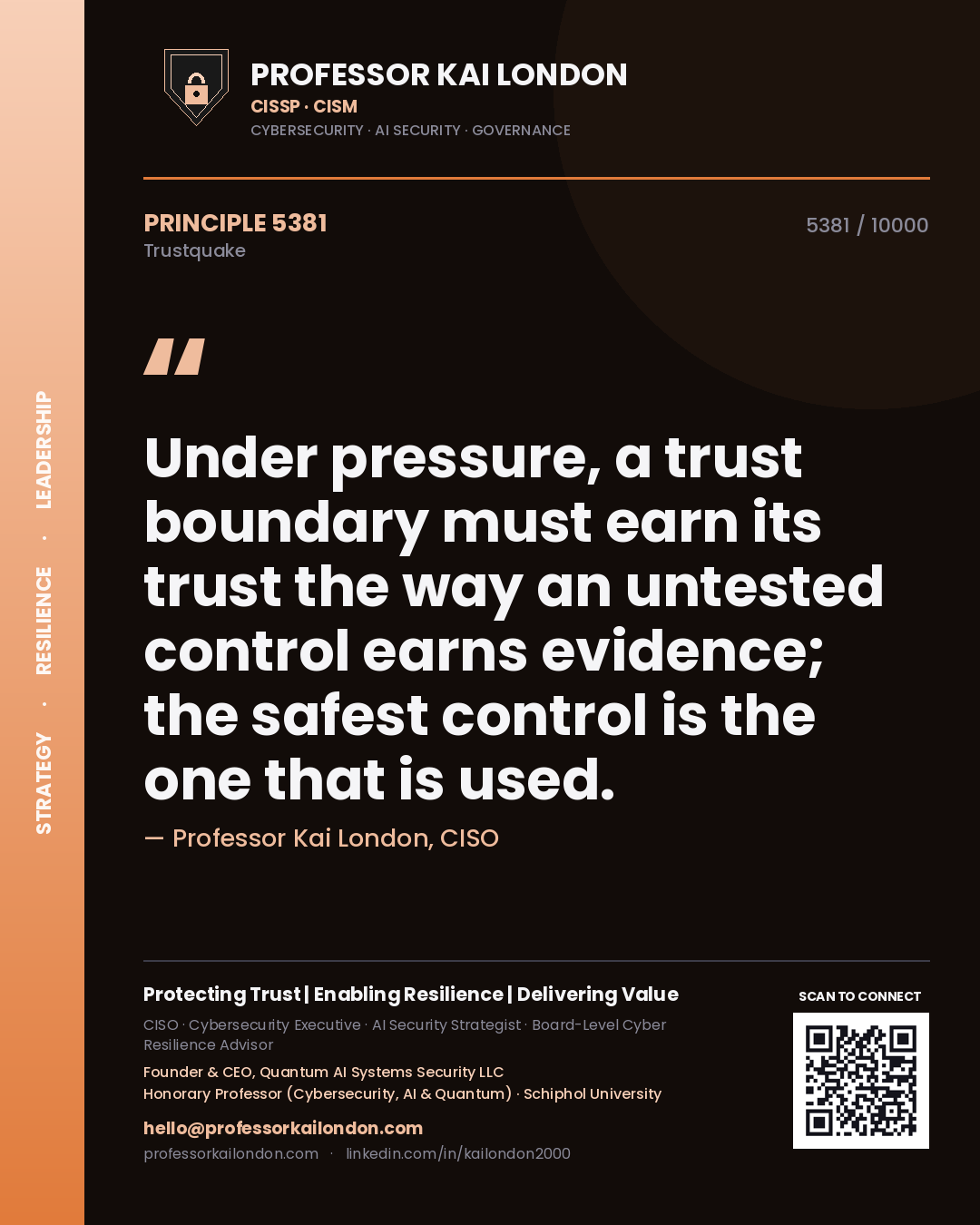 Professor Kai London principle 5381: Under pressure, a trust boundary must earn its trust the way an untested control earns evidence; the safest control is the one that is used.