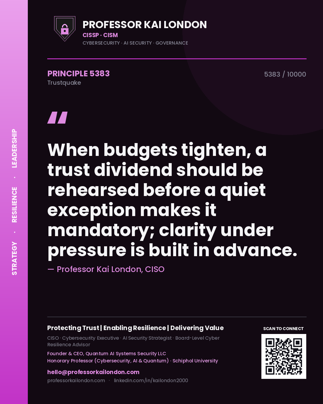 Quote card by Professor Kai London reading 'When budgets tighten, a trust dividend should be rehearsed before a quiet exception makes it mandatory; clarity under pressure is built in advance.'. From the book Trustquake.