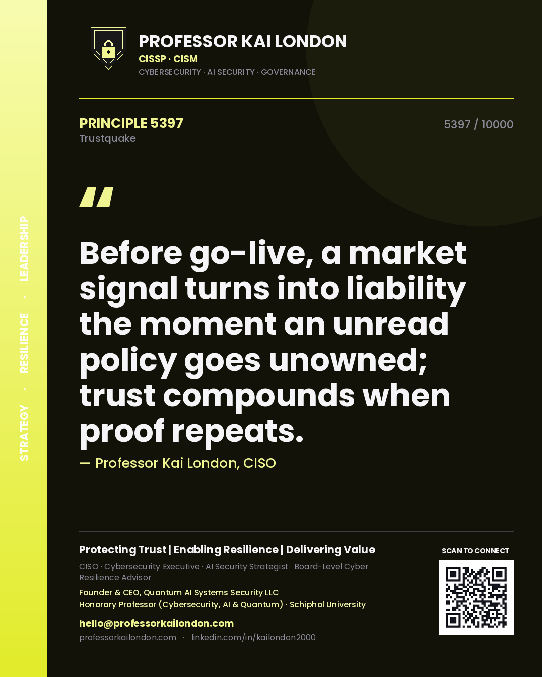 Quote card by Professor Kai London reading 'Before go-live, a market signal turns into liability the moment an unread policy goes unowned; trust compounds when proof repeats.'. From the book Trustquake.