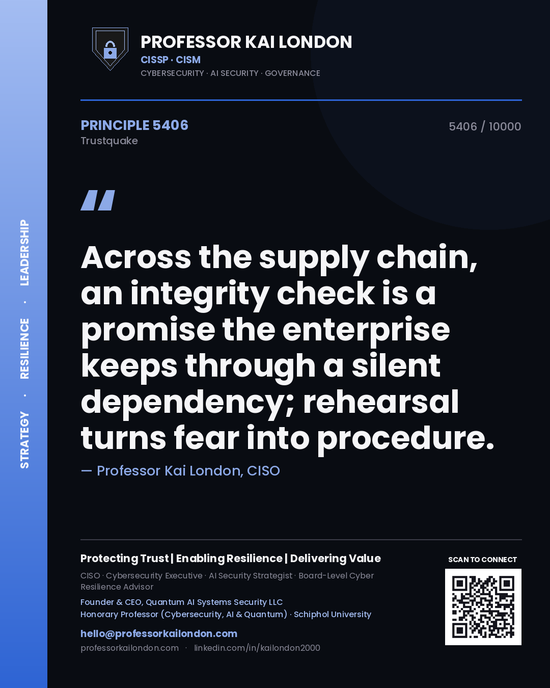 Quote card by Professor Kai London reading 'Across the supply chain, an integrity check is a promise the enterprise keeps through a silent dependency; rehearsal turns fear into procedure.'. From the book Trustquake.