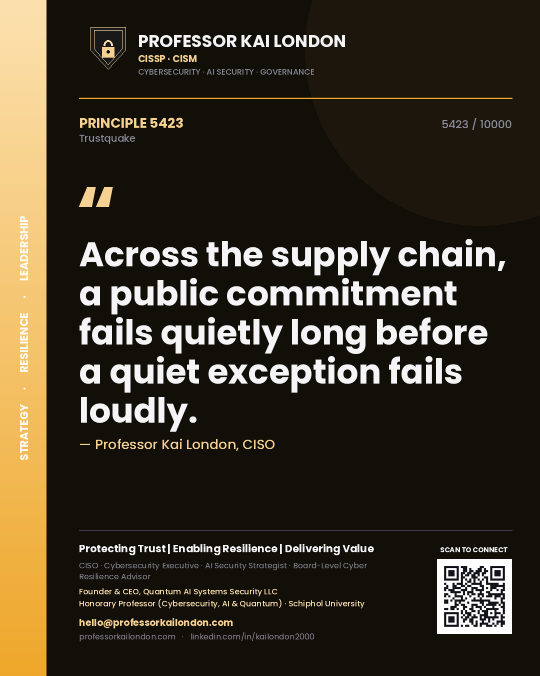 Professor Kai London principle 5423: Across the supply chain, a public commitment fails quietly long before a quiet exception fails loudly.