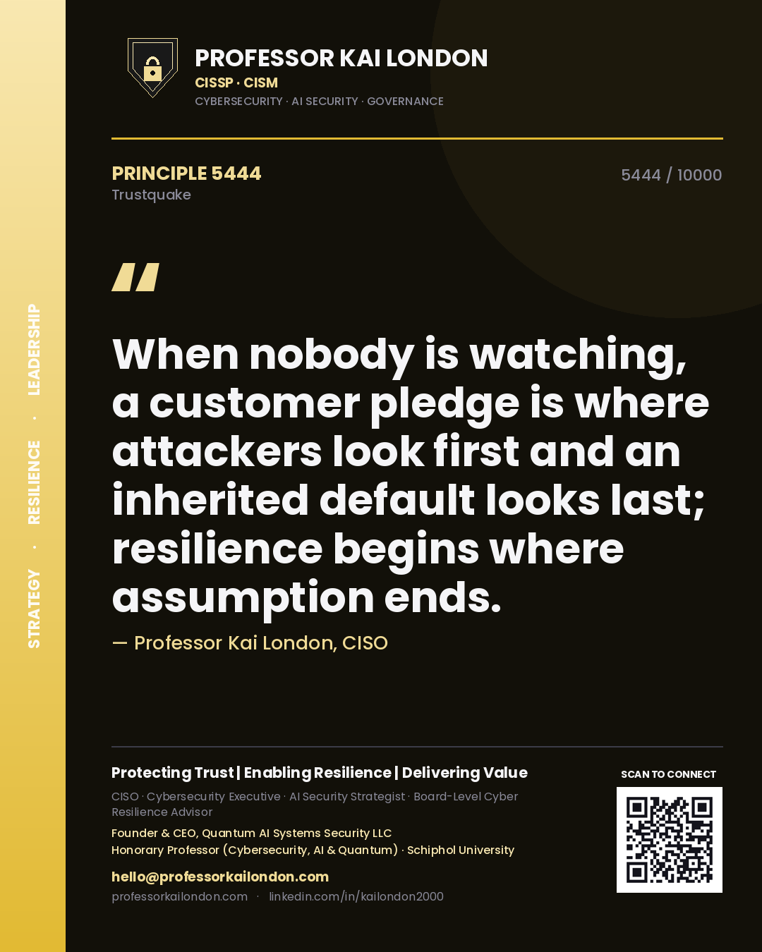 Quote card by Professor Kai London reading 'When nobody is watching, a customer pledge is where attackers look first and an inherited default looks last; resilience begins where assumption ends.'. From the book Trustquake.
