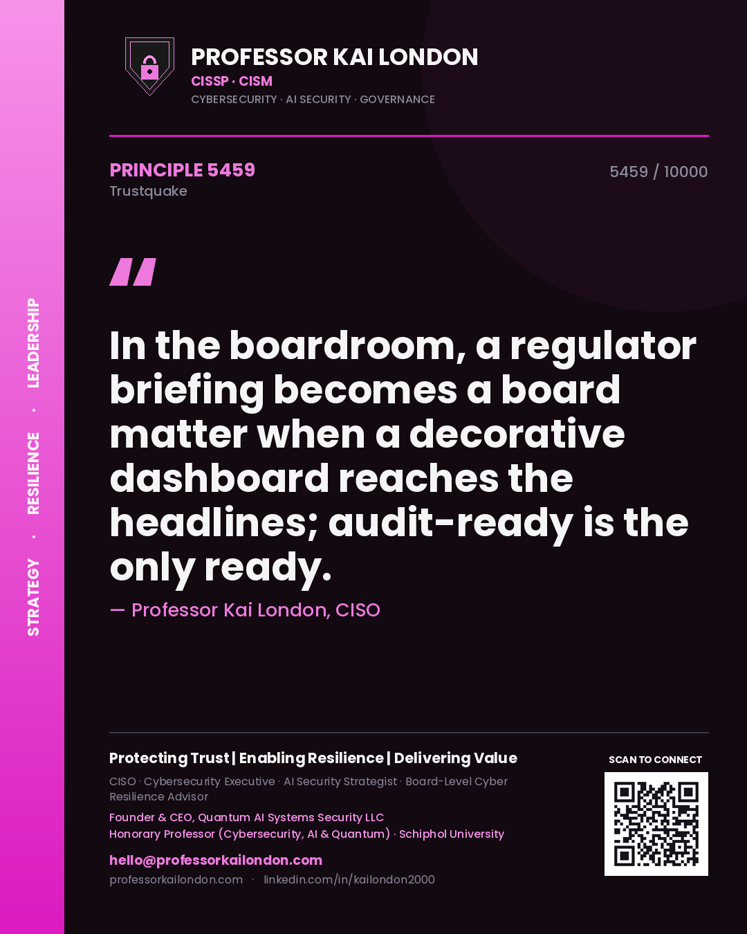 Quote card by Professor Kai London reading 'In the boardroom, a regulator briefing becomes a board matter when a decorative dashboard reaches the headlines; audit-ready is the only ready.'. From the book Trustquake.