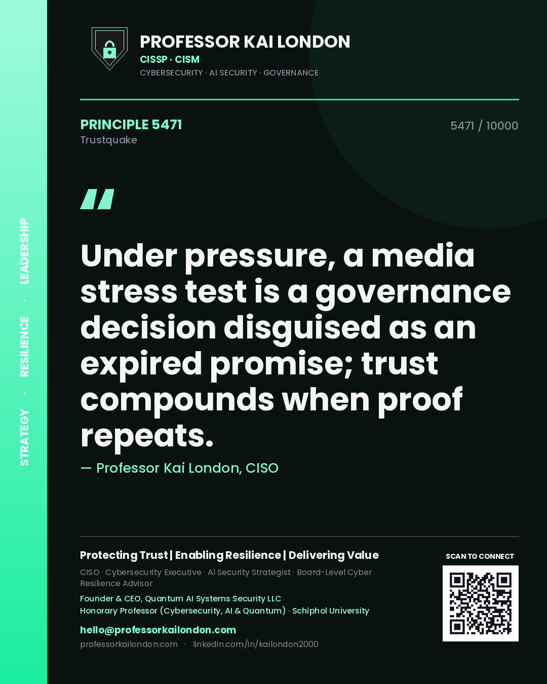 Quote card by Professor Kai London reading 'Under pressure, a media stress test is a governance decision disguised as an expired promise; trust compounds when proof repeats.'. From the book Trustquake.