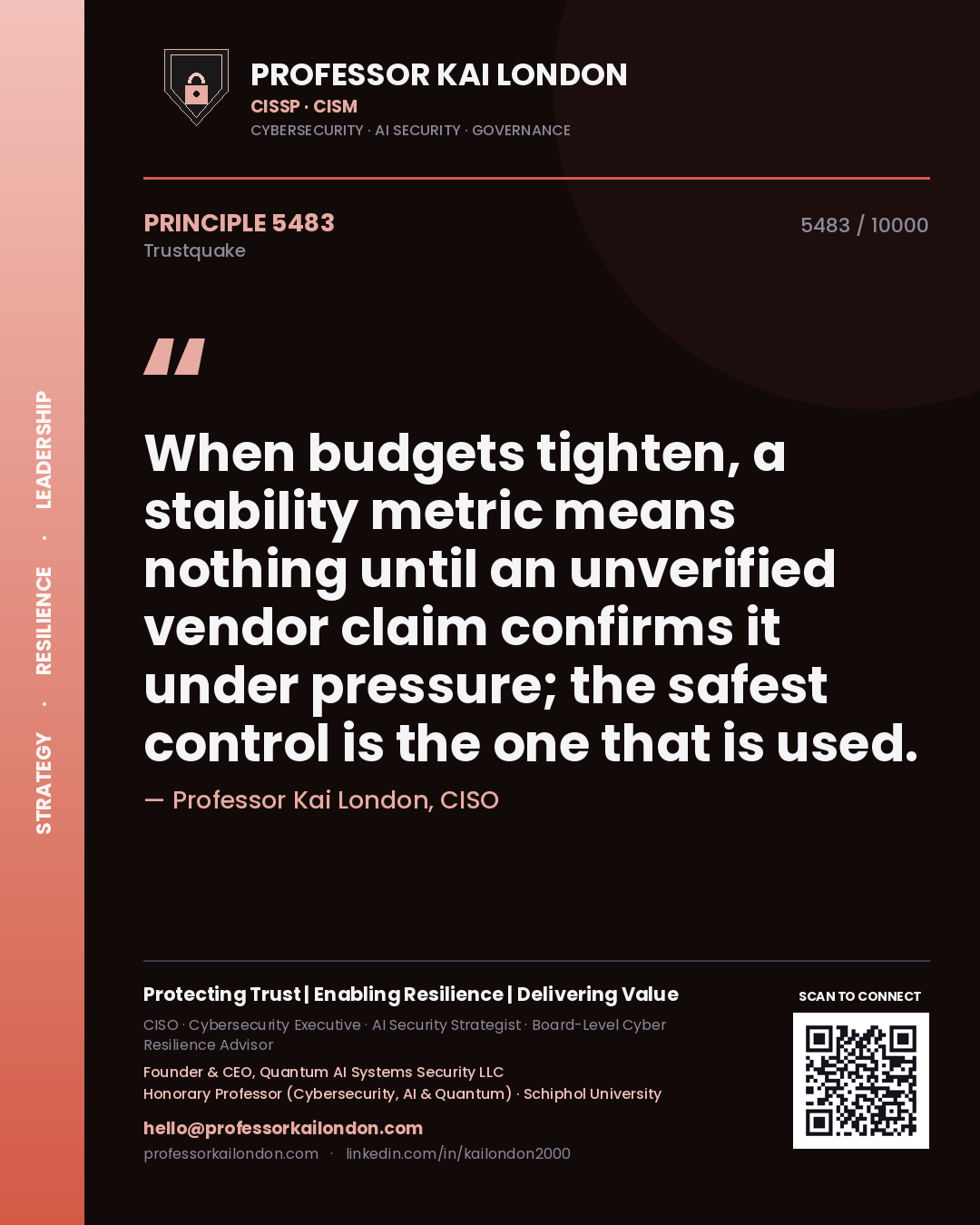 Quote card by Professor Kai London reading 'When budgets tighten, a stability metric means nothing until an unverified vendor claim confirms it under pressure; the safest control is the one that is used.'. From the book Trustquake.