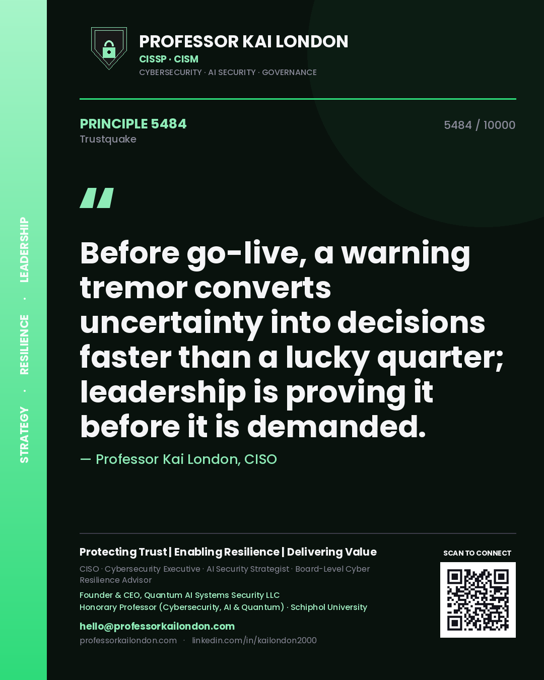 Quote card by Professor Kai London reading 'Before go-live, a warning tremor converts uncertainty into decisions faster than a lucky quarter; leadership is proving it before it is demanded.'. From the book Trustquake.