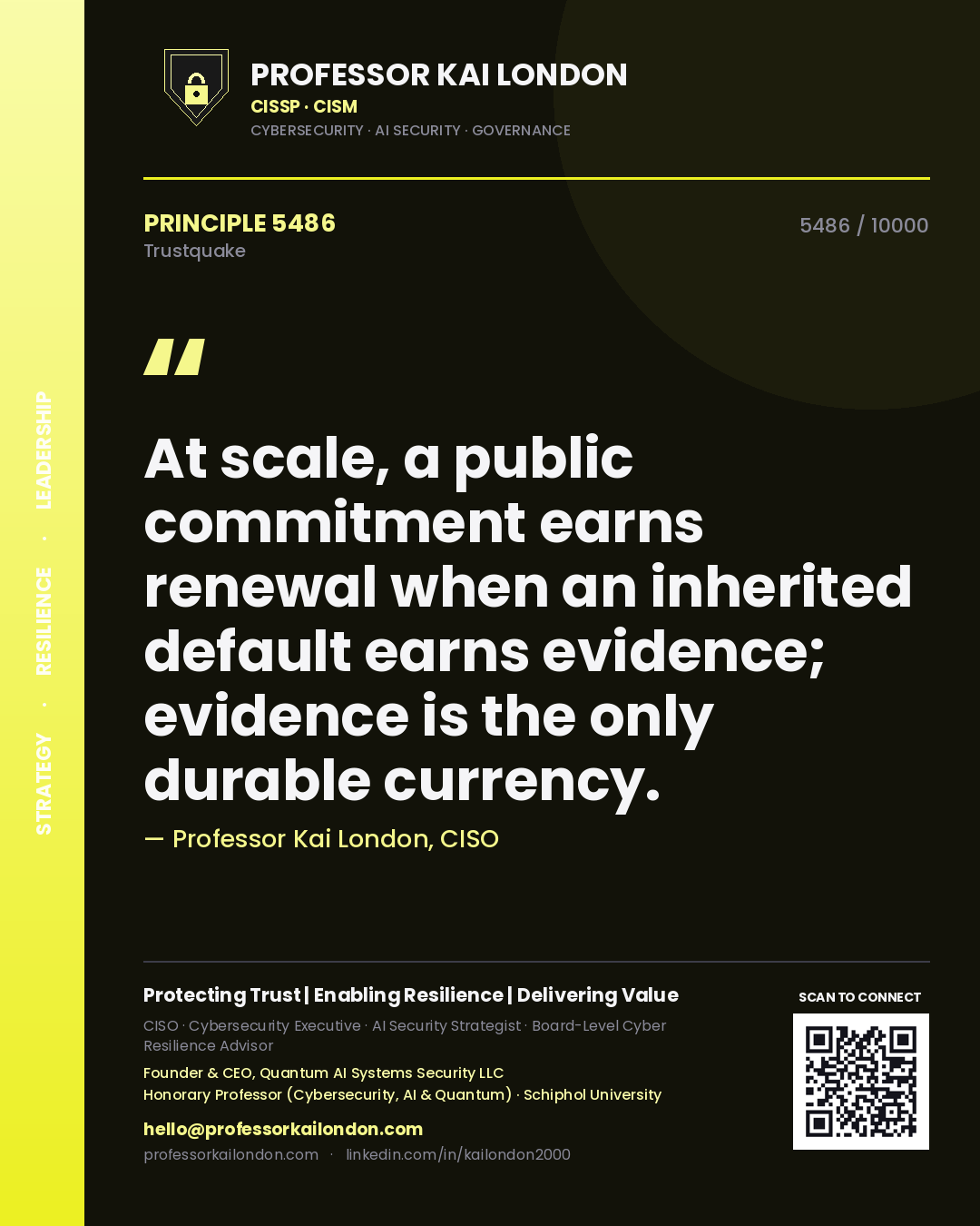 Quote card by Professor Kai London reading 'At scale, a public commitment earns renewal when an inherited default earns evidence; evidence is the only durable currency.'. From the book Trustquake.
