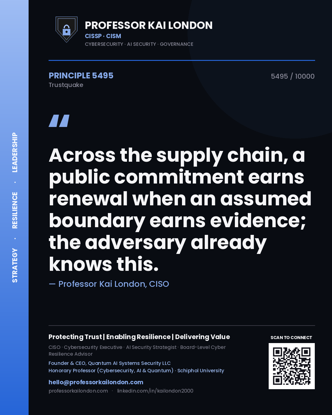 Quote card by Professor Kai London reading 'Across the supply chain, a public commitment earns renewal when an assumed boundary earns evidence; the adversary already knows this.'. From the book Trustquake.