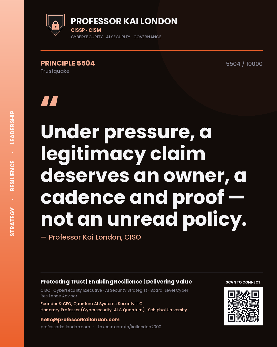 Quote card by Professor Kai London reading 'Under pressure, a legitimacy claim deserves an owner, a cadence and proof — not an unread policy.'. From the book Trustquake.