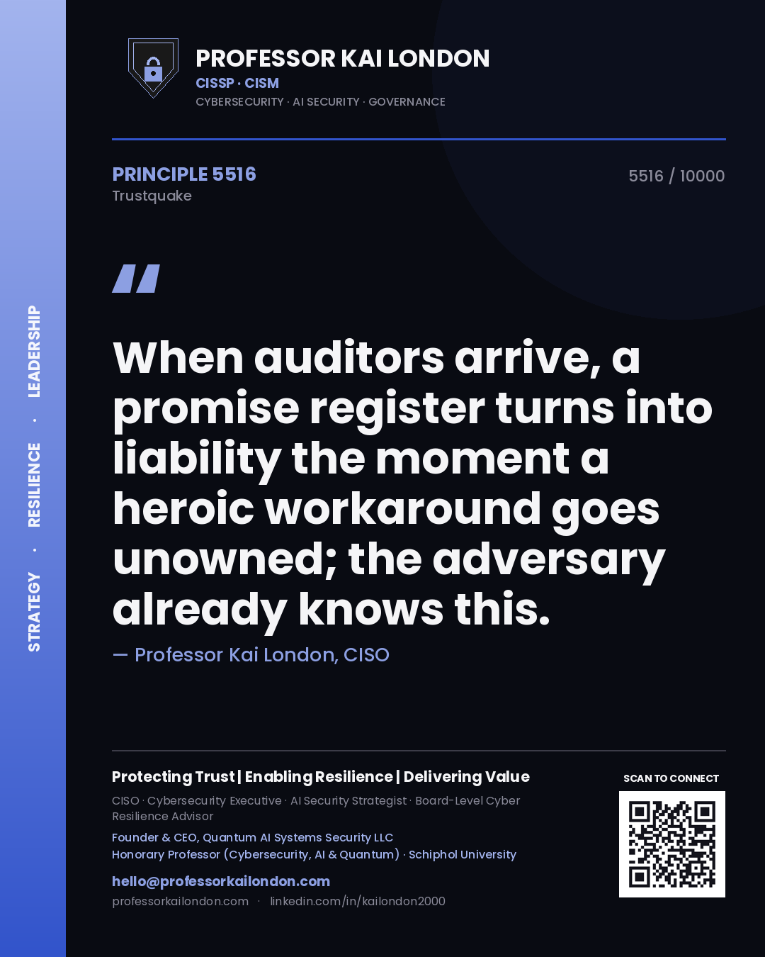 Quote card by Professor Kai London reading 'When auditors arrive, a promise register turns into liability the moment a heroic workaround goes unowned; the adversary already knows this.'. From the book Trustquake.