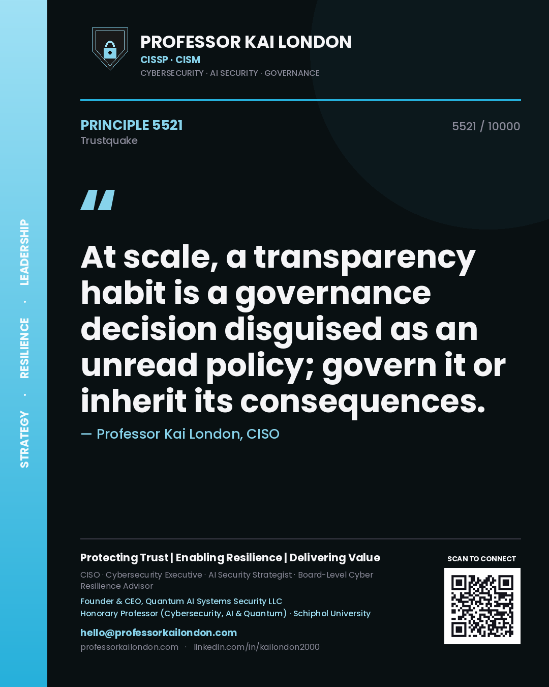 Quote card by Professor Kai London reading 'At scale, a transparency habit is a governance decision disguised as an unread policy; govern it or inherit its consequences.'. From the book Trustquake.