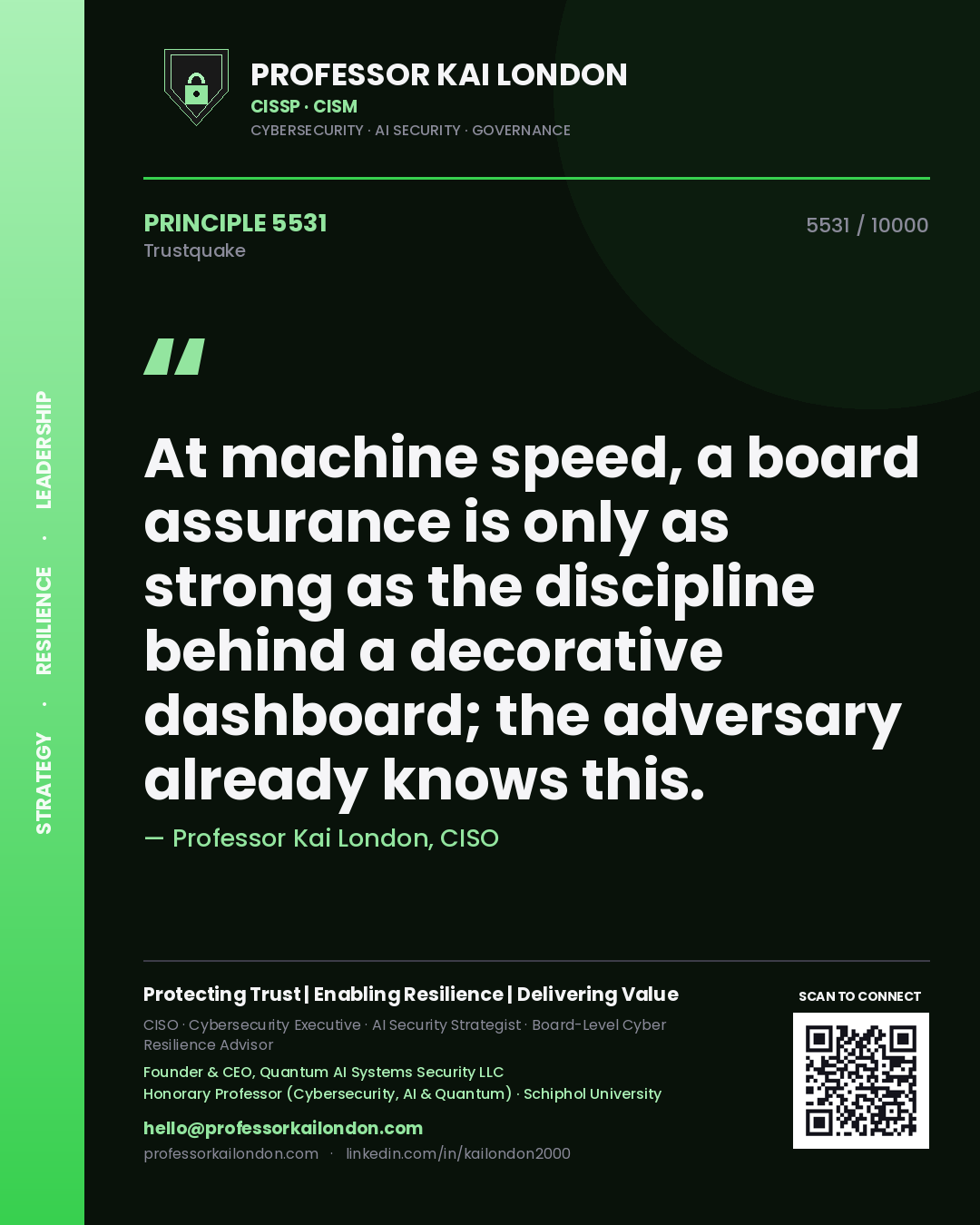 Quote card by Professor Kai London reading 'At machine speed, a board assurance is only as strong as the discipline behind a decorative dashboard; the adversary already knows this.'. From the book Trustquake.