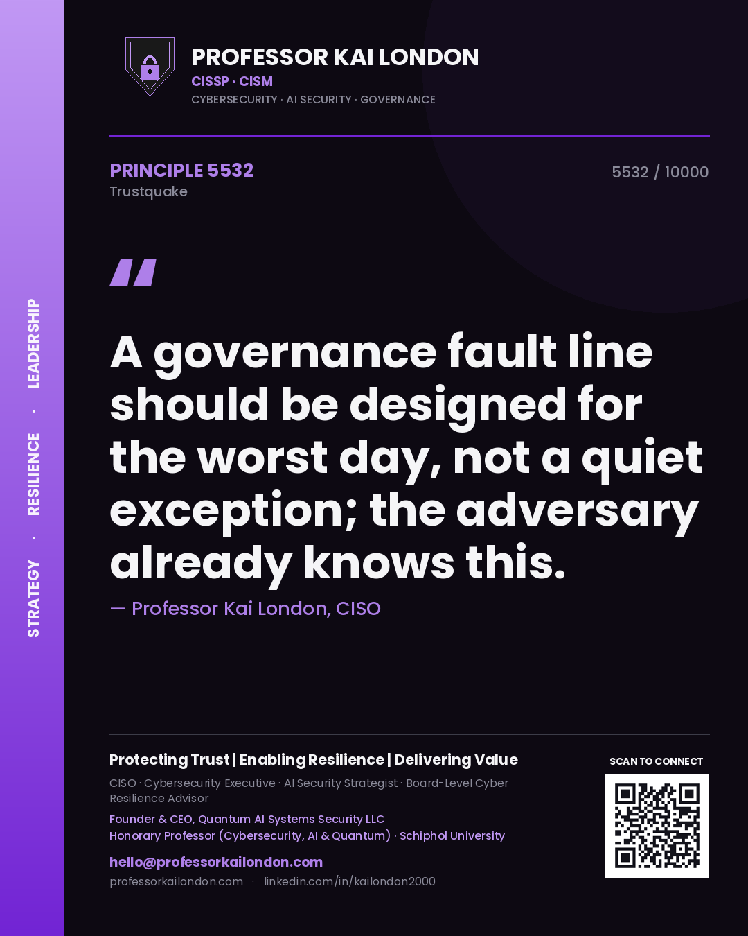 Professor Kai London principle 5532: A governance fault line should be designed for the worst day, not a quiet exception; the adversary already knows this.