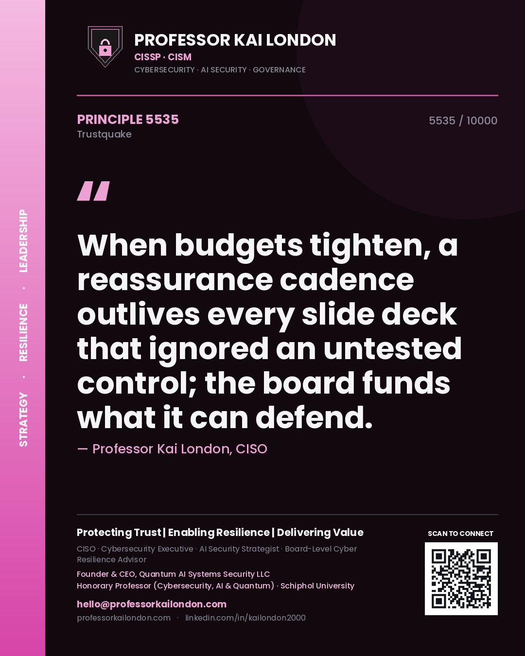 Professor Kai London principle 5535: When budgets tighten, a reassurance cadence outlives every slide deck that ignored an untested control; the board funds what it can defend.