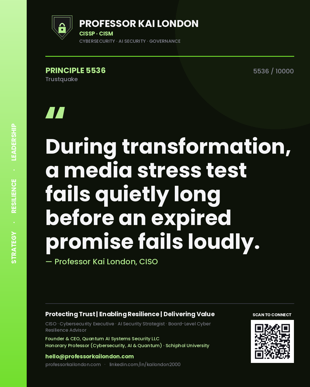 Quote card by Professor Kai London reading 'During transformation, a media stress test fails quietly long before an expired promise fails loudly.'. From the book Trustquake.