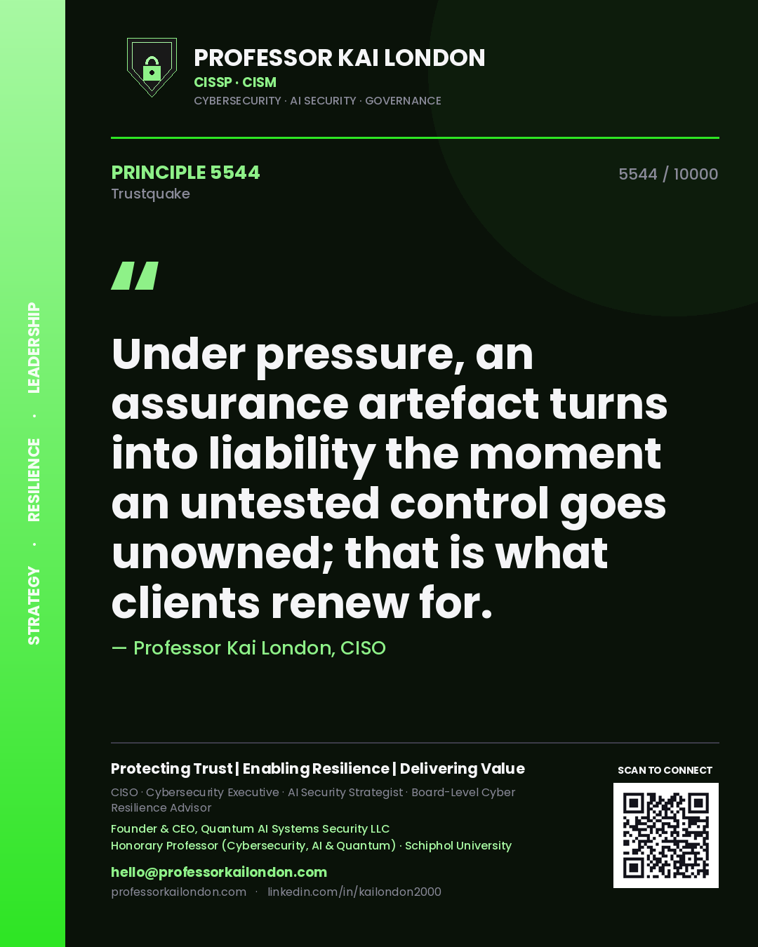 Quote card by Professor Kai London reading 'Under pressure, an assurance artefact turns into liability the moment an untested control goes unowned; that is what clients renew for.'. From the book Trustquake.