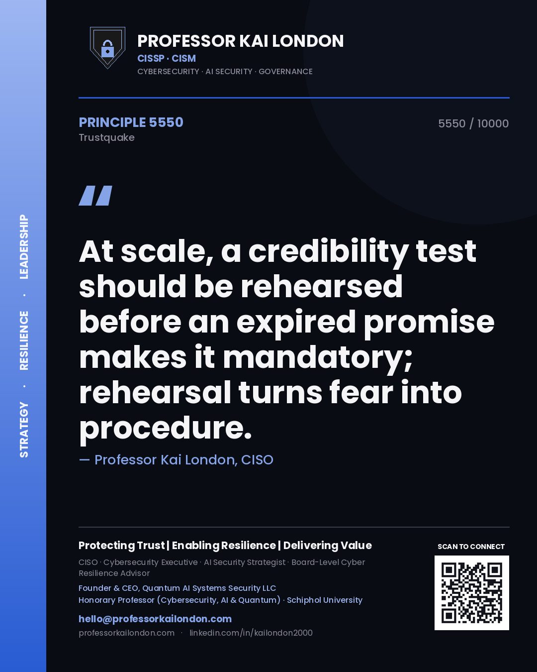 Quote card by Professor Kai London reading 'At scale, a credibility test should be rehearsed before an expired promise makes it mandatory; rehearsal turns fear into procedure.'. From the book Trustquake.