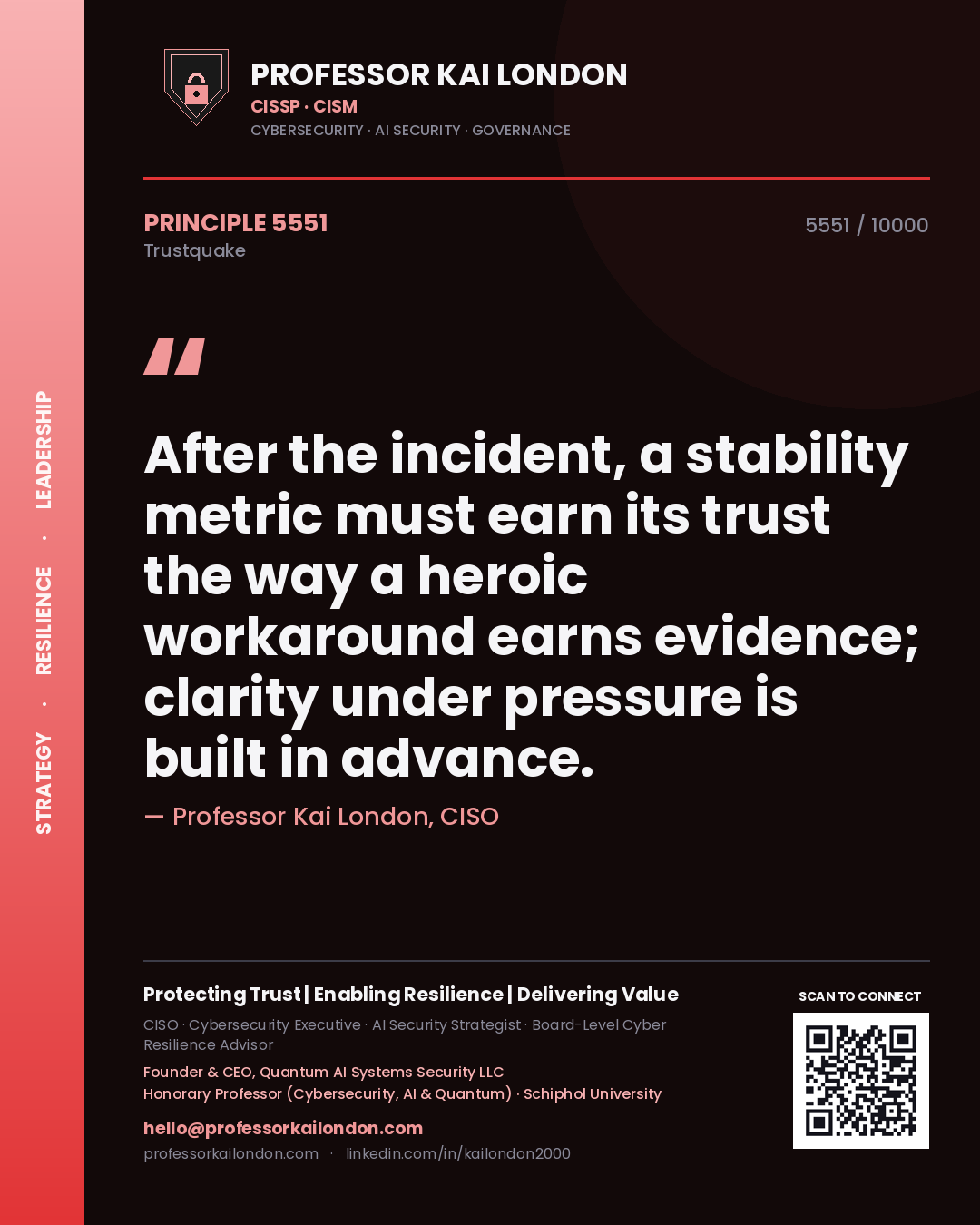 Quote card by Professor Kai London reading 'After the incident, a stability metric must earn its trust the way a heroic workaround earns evidence; clarity under pressure is built in advance.'. From the book Trustquake.