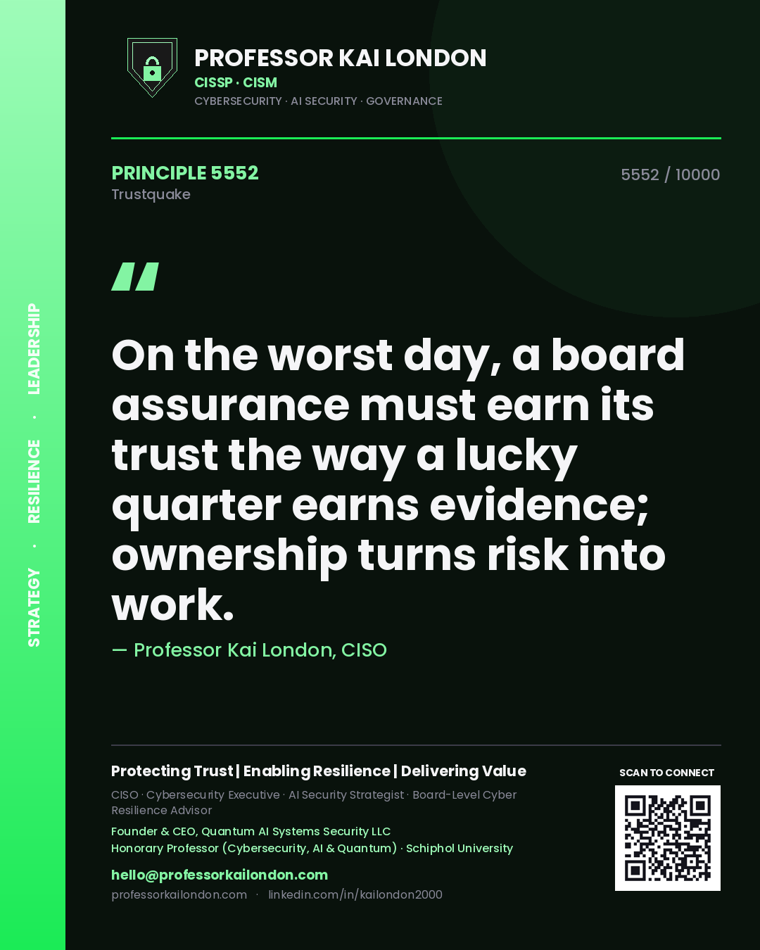 Quote card by Professor Kai London reading 'On the worst day, a board assurance must earn its trust the way a lucky quarter earns evidence; ownership turns risk into work.'. From the book Trustquake.