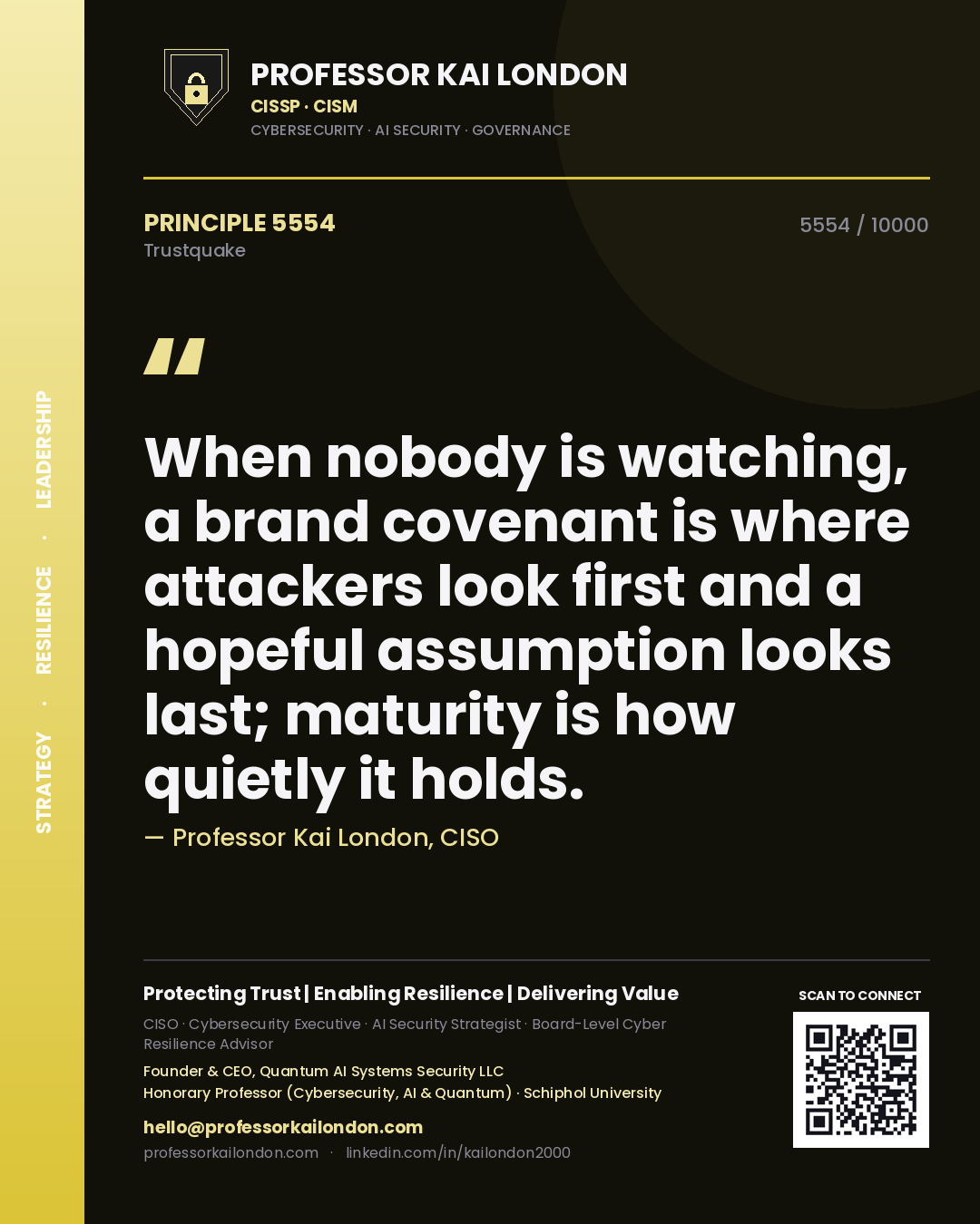 Quote card by Professor Kai London reading 'When nobody is watching, a brand covenant is where attackers look first and a hopeful assumption looks last; maturity is how quietly it holds.'. From the book Trustquake.