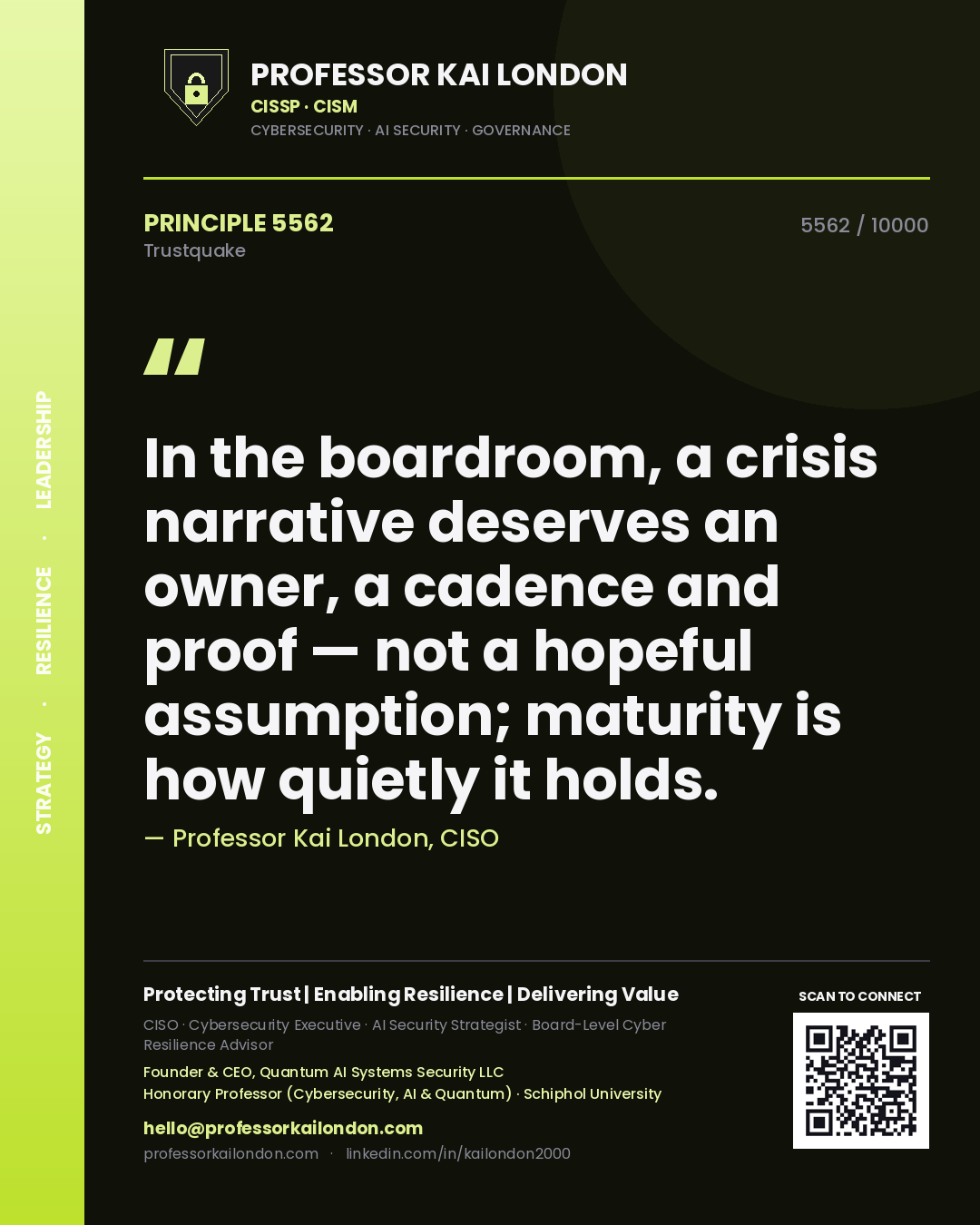 Quote card by Professor Kai London reading 'In the boardroom, a crisis narrative deserves an owner, a cadence and proof — not a hopeful assumption; maturity is how quietly it holds.'. From the book Trustquake.