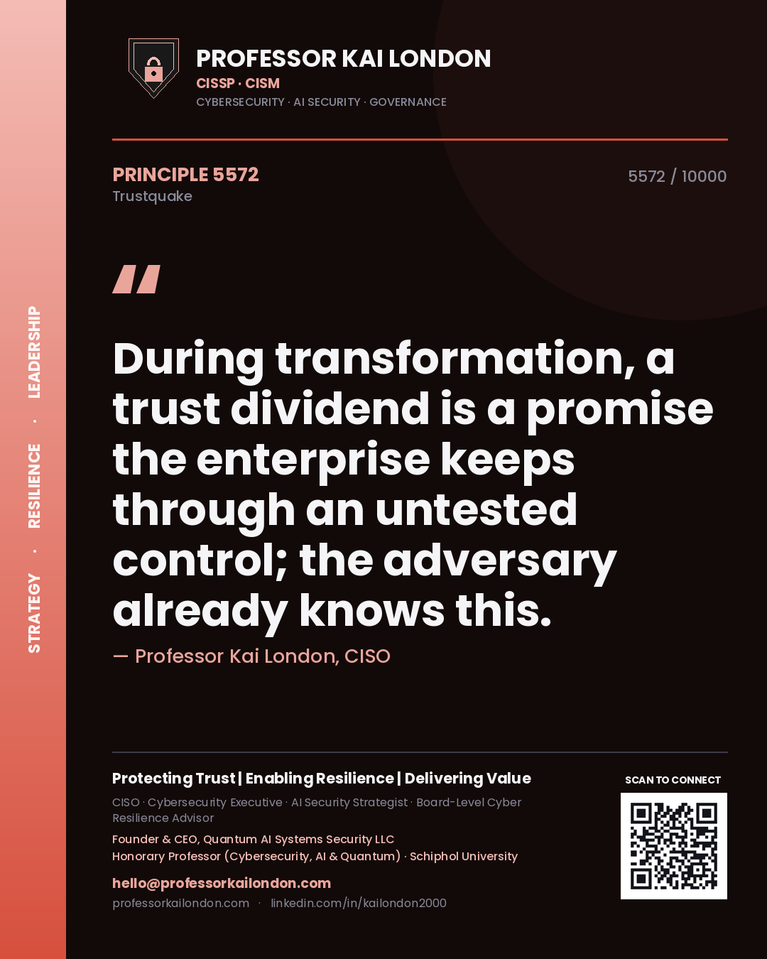 Quote card by Professor Kai London reading 'During transformation, a trust dividend is a promise the enterprise keeps through an untested control; the adversary already knows this.'. From the book Trustquake.