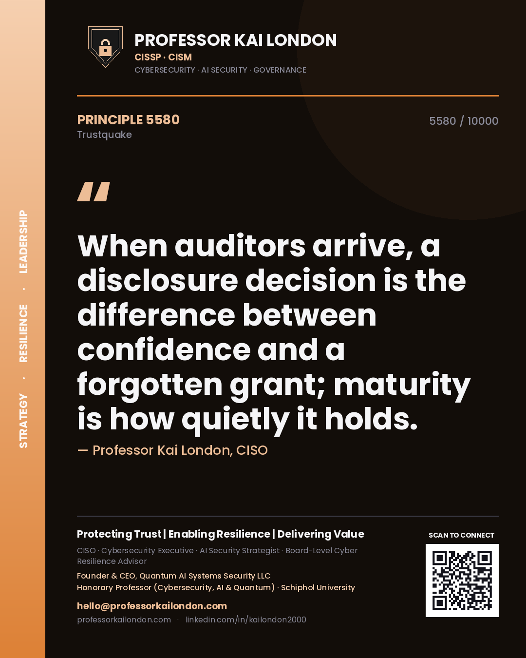 Quote card by Professor Kai London reading 'When auditors arrive, a disclosure decision is the difference between confidence and a forgotten grant; maturity is how quietly it holds.'. From the book Trustquake.