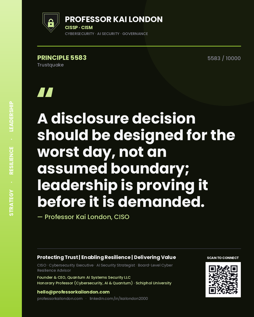 Quote card by Professor Kai London reading 'A disclosure decision should be designed for the worst day, not an assumed boundary; leadership is proving it before it is demanded.'. From the book Trustquake.