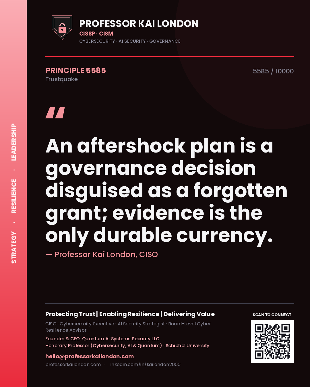 Quote card by Professor Kai London reading 'An aftershock plan is a governance decision disguised as a forgotten grant; evidence is the only durable currency.'. From the book Trustquake.