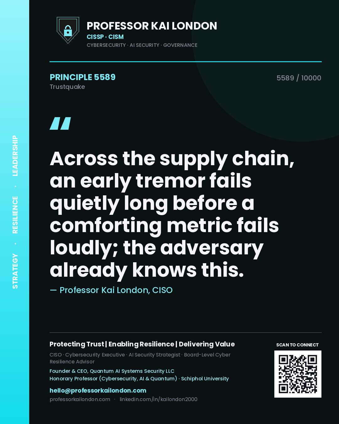 Quote card by Professor Kai London reading 'Across the supply chain, an early tremor fails quietly long before a comforting metric fails loudly; the adversary already knows this.'. From the book Trustquake.