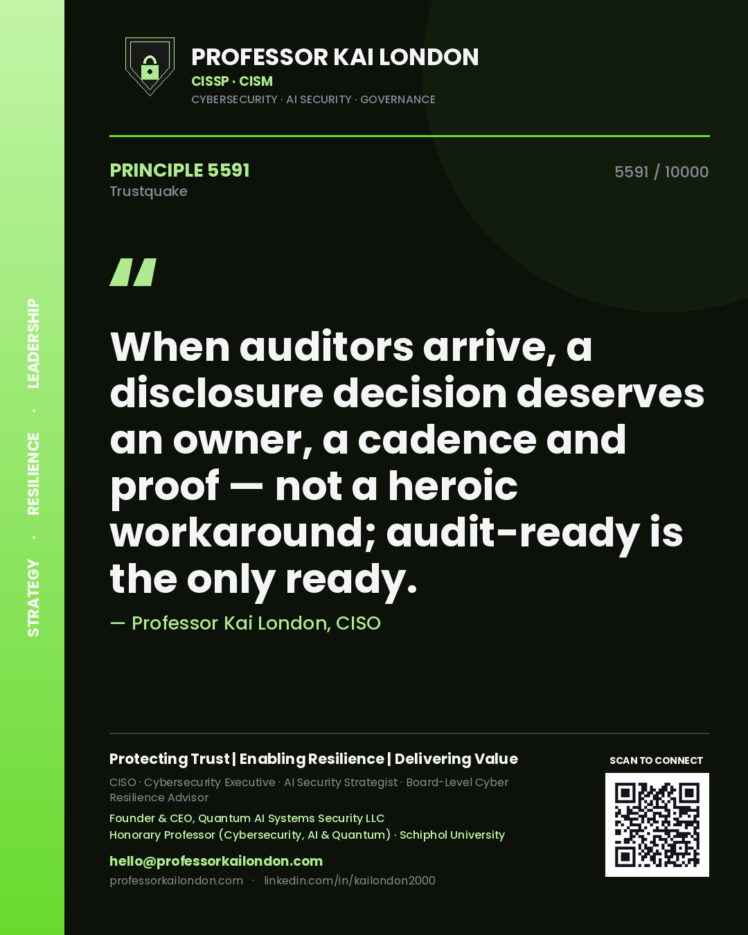 Quote card by Professor Kai London reading 'When auditors arrive, a disclosure decision deserves an owner, a cadence and proof — not a heroic workaround; audit-ready is the only ready.'. From the book Trustquake.