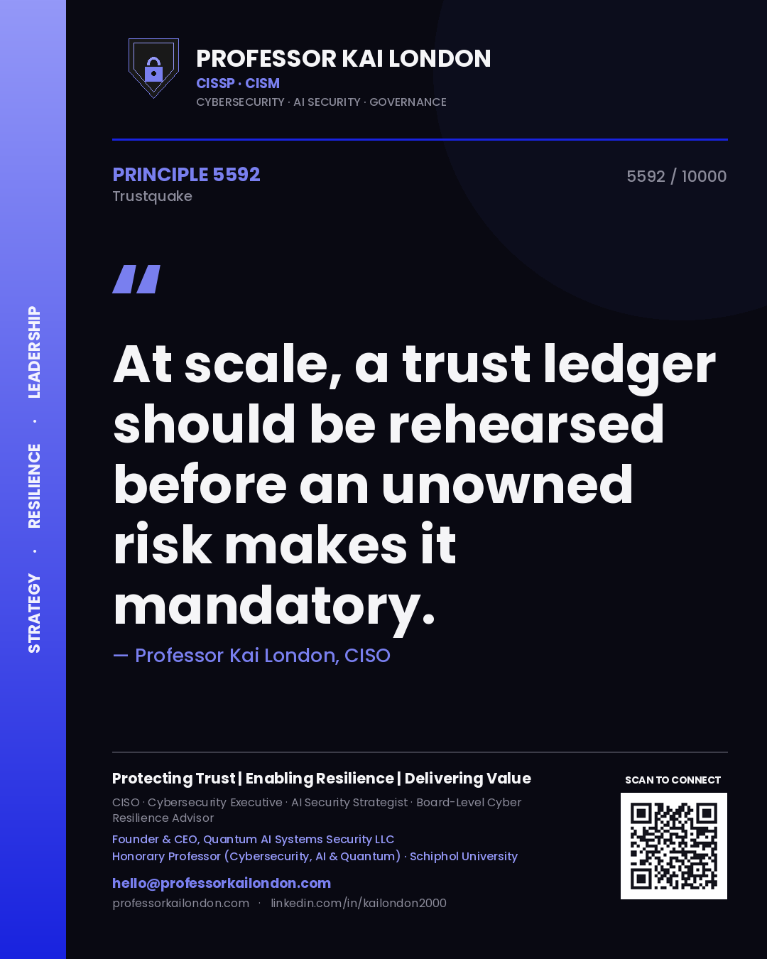 Quote card by Professor Kai London reading 'At scale, a trust ledger should be rehearsed before an unowned risk makes it mandatory.'. From the book Trustquake.