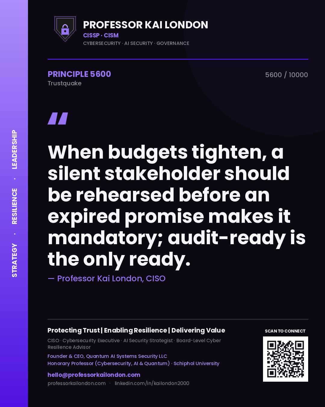 Professor Kai London principle 5600: When budgets tighten, a silent stakeholder should be rehearsed before an expired promise makes it mandatory; audit-ready is the only ready.