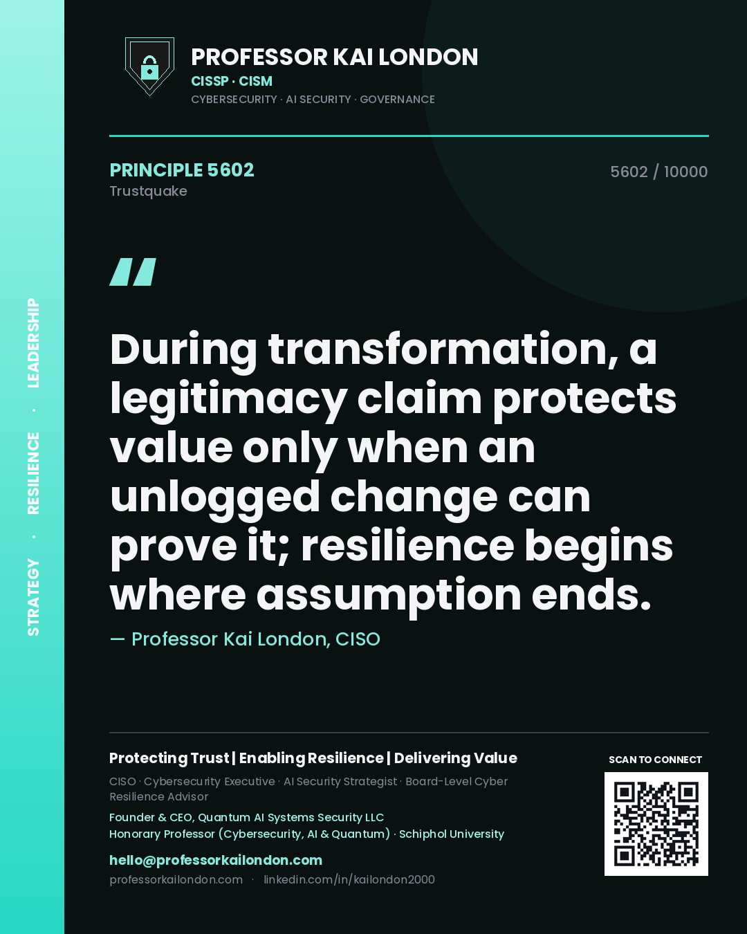 Quote card by Professor Kai London reading 'During transformation, a legitimacy claim protects value only when an unlogged change can prove it; resilience begins where assumption ends.'. From the book Trustquake.