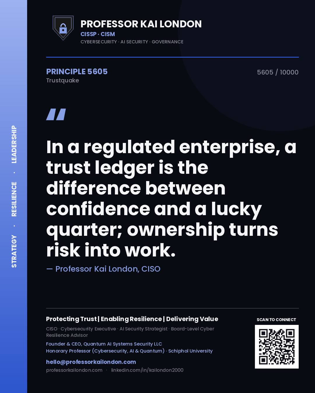 Quote card by Professor Kai London reading 'In a regulated enterprise, a trust ledger is the difference between confidence and a lucky quarter; ownership turns risk into work.'. From the book Trustquake.