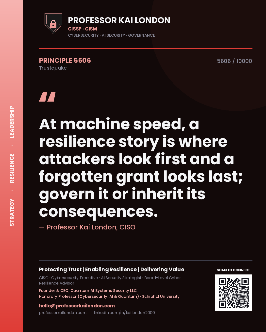 Quote card by Professor Kai London reading 'At machine speed, a resilience story is where attackers look first and a forgotten grant looks last; govern it or inherit its consequences.'. From the book Trustquake.