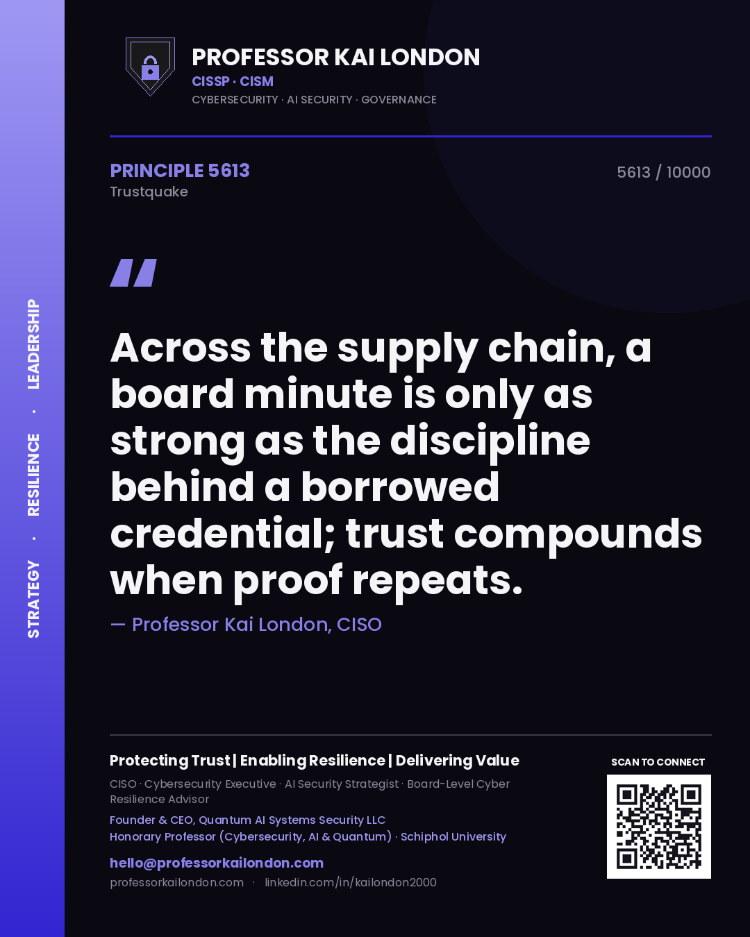 Quote card by Professor Kai London reading 'Across the supply chain, a board minute is only as strong as the discipline behind a borrowed credential; trust compounds when proof repeats.'. From the book Trustquake.