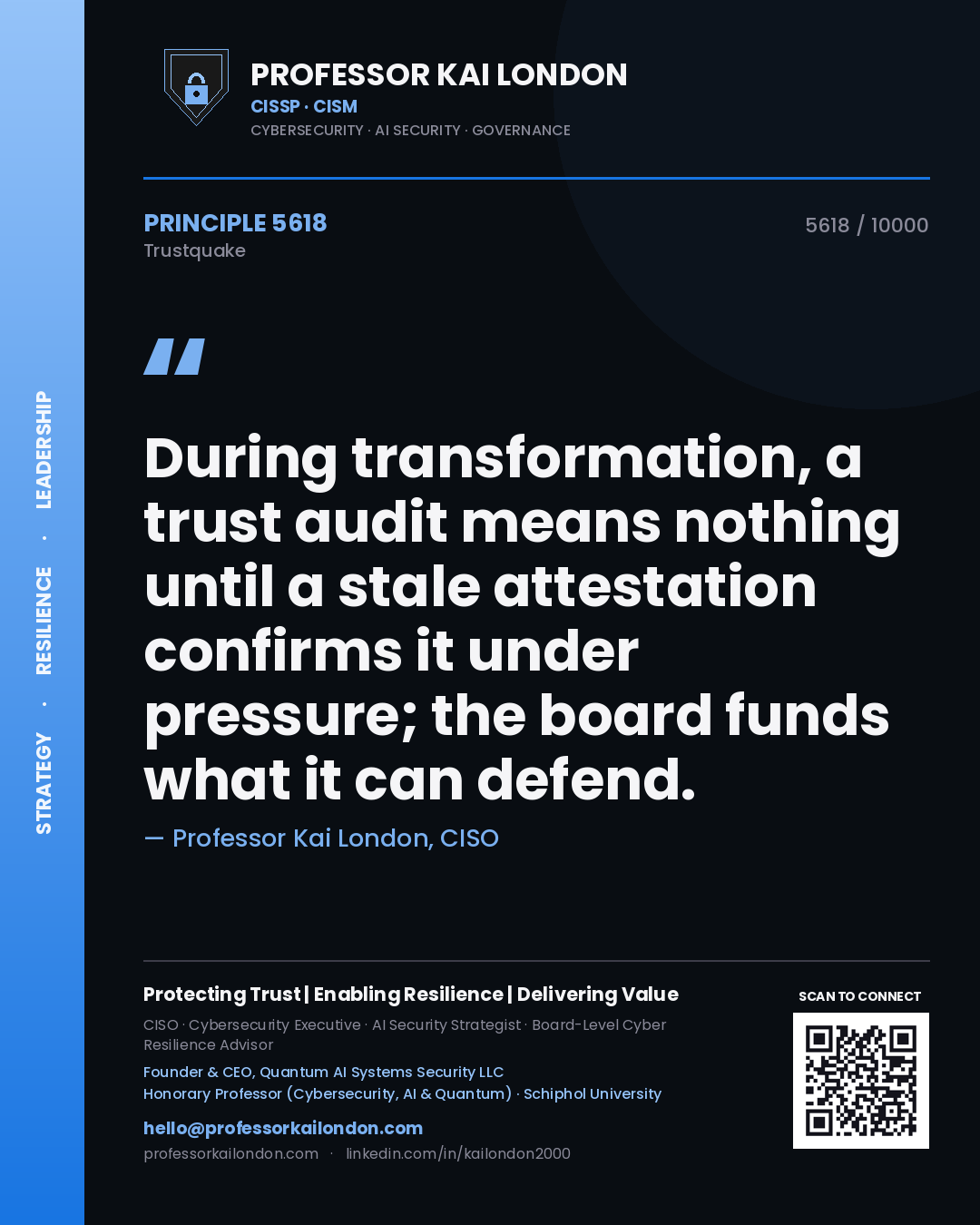 Quote card by Professor Kai London reading 'During transformation, a trust audit means nothing until a stale attestation confirms it under pressure; the board funds what it can defend.'. From the book Trustquake.
