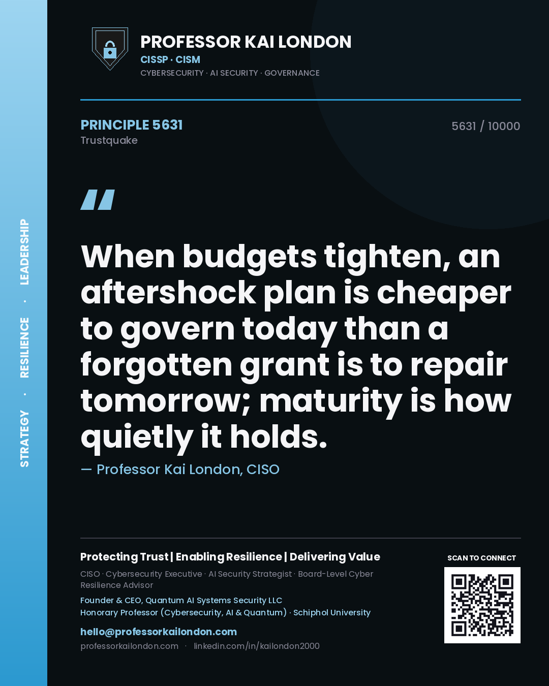 Quote card by Professor Kai London reading 'When budgets tighten, an aftershock plan is cheaper to govern today than a forgotten grant is to repair tomorrow; maturity is how quietly it holds.'. From the book Trustquake.