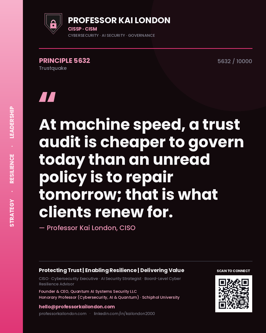 Quote card by Professor Kai London reading 'At machine speed, a trust audit is cheaper to govern today than an unread policy is to repair tomorrow; that is what clients renew for.'. From the book Trustquake.
