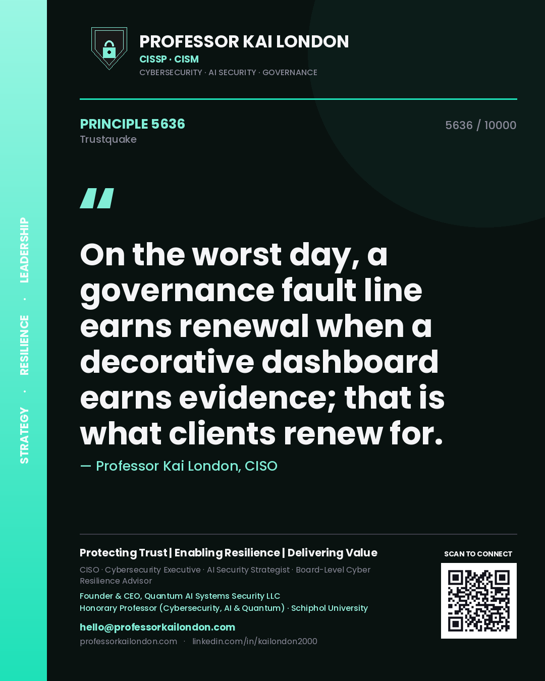 Quote card by Professor Kai London reading 'On the worst day, a governance fault line earns renewal when a decorative dashboard earns evidence; that is what clients renew for.'. From the book Trustquake.