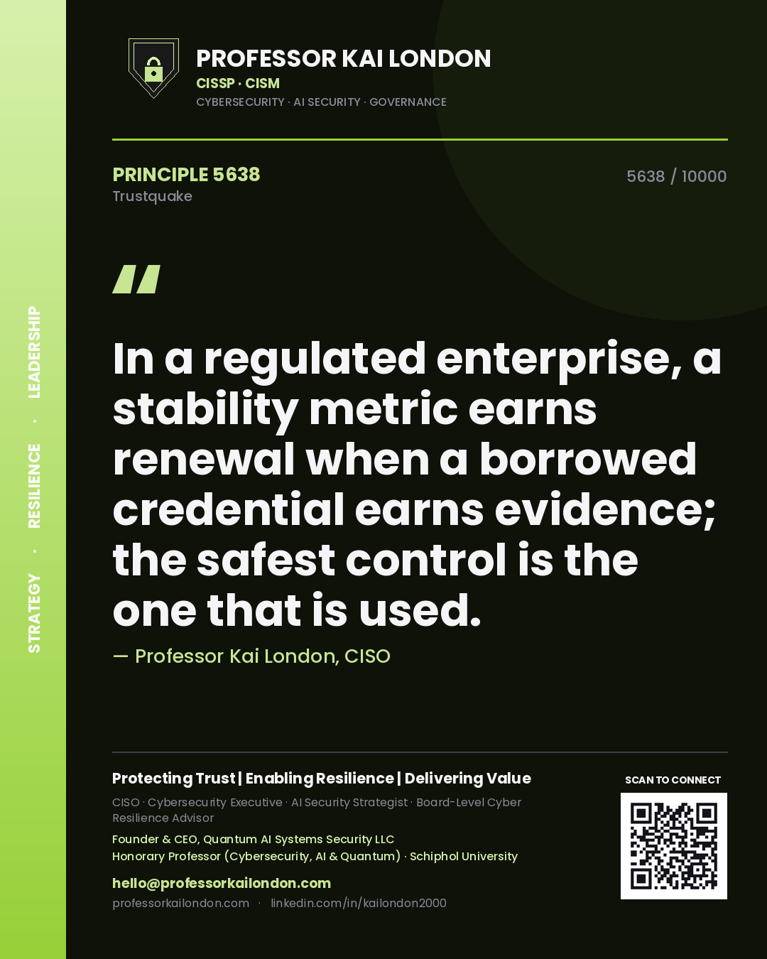 Quote card by Professor Kai London reading 'In a regulated enterprise, a stability metric earns renewal when a borrowed credential earns evidence; the safest control is the one that is used.'. From the book Trustquake.