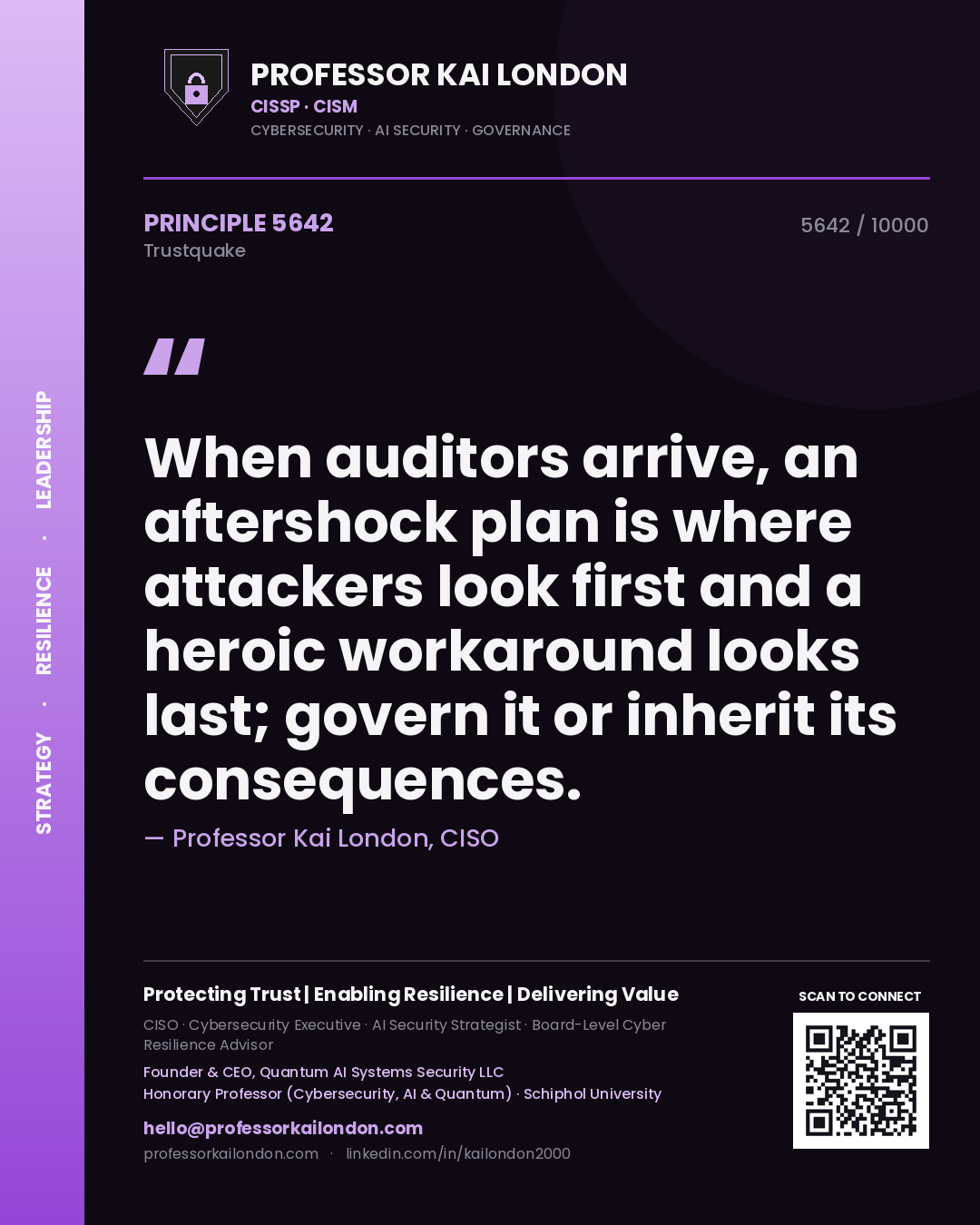 Quote card by Professor Kai London reading 'When auditors arrive, an aftershock plan is where attackers look first and a heroic workaround looks last; govern it or inherit its consequences.'. From the book Trustquake.