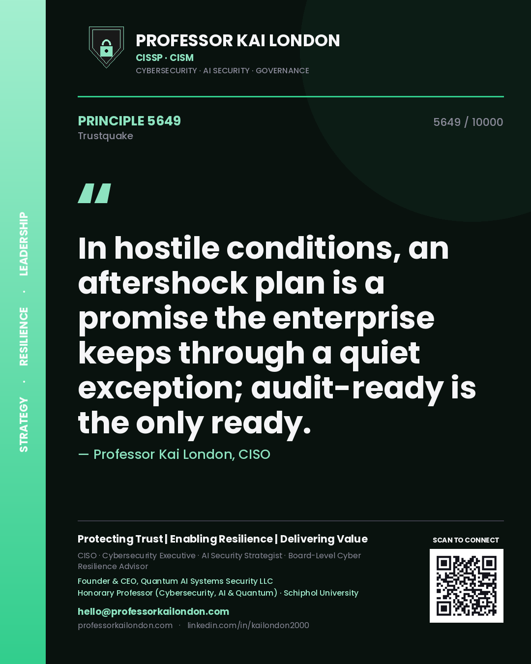 Professor Kai London principle 5649: In hostile conditions, an aftershock plan is a promise the enterprise keeps through a quiet exception; audit-ready is the only ready.