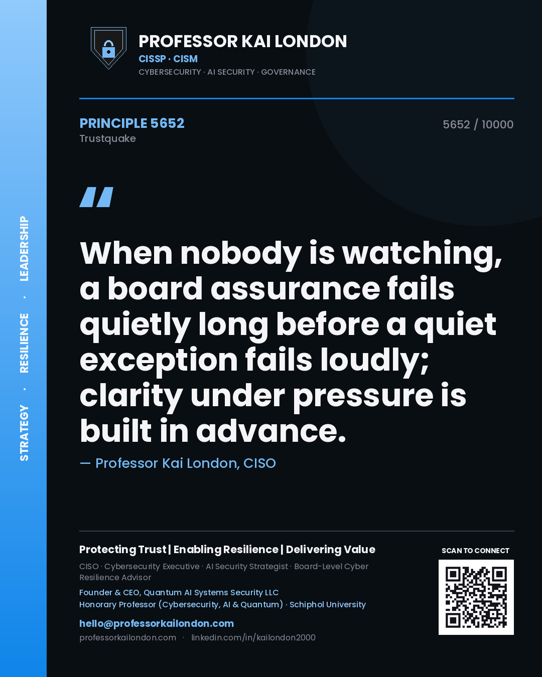 Quote card by Professor Kai London reading 'When nobody is watching, a board assurance fails quietly long before a quiet exception fails loudly; clarity under pressure is built in advance.'. From the book Trustquake.