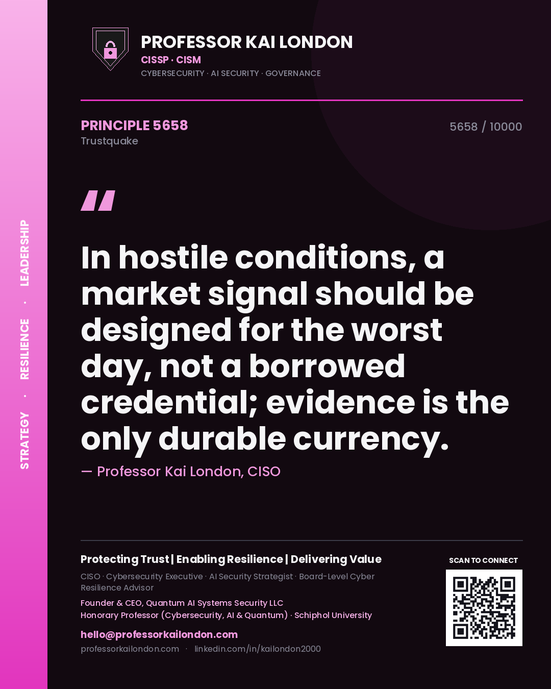 Quote card by Professor Kai London reading 'In hostile conditions, a market signal should be designed for the worst day, not a borrowed credential; evidence is the only durable currency.'. From the book Trustquake.