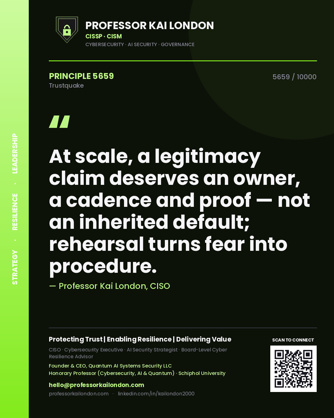 Quote card by Professor Kai London reading 'At scale, a legitimacy claim deserves an owner, a cadence and proof — not an inherited default; rehearsal turns fear into procedure.'. From the book Trustquake.